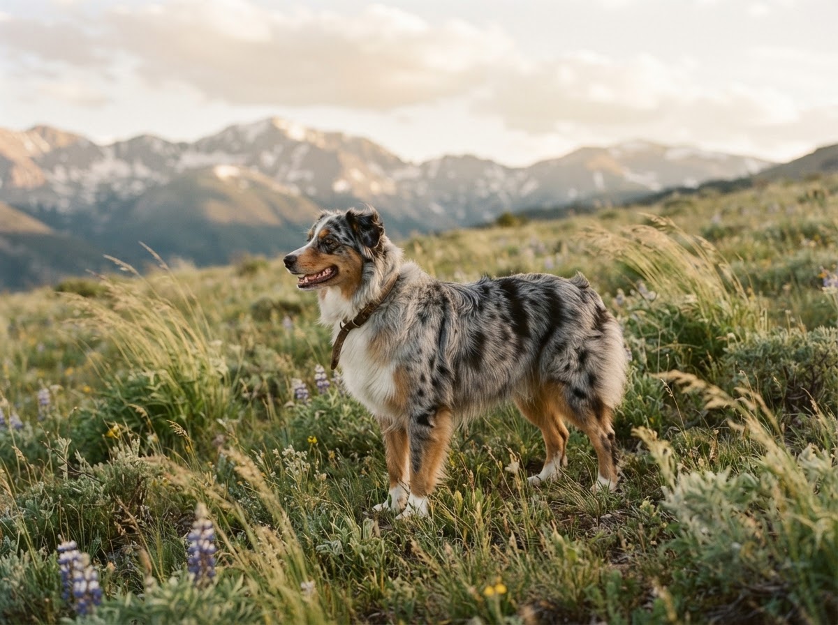 Blue merle Australian shepherd in a grassy Colorado meadow