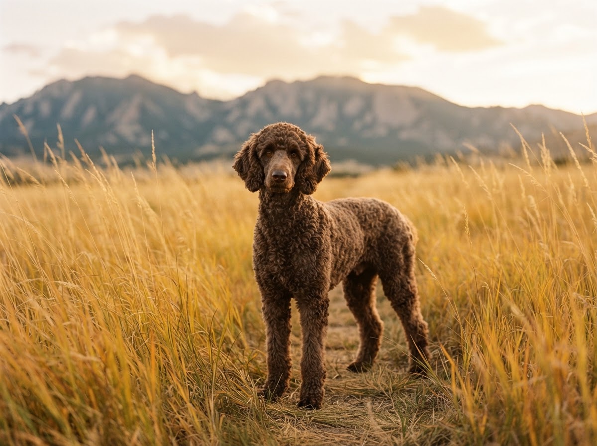 Chocolate standard poodle standing in a sunny golden-grass Front Range meadow