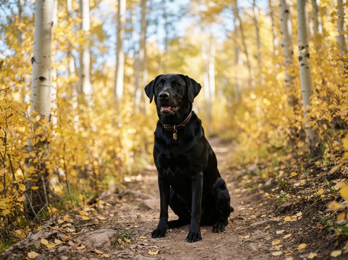 Black Labrador sitting on an aspen-lined Colorado trail among soft yellow leaves