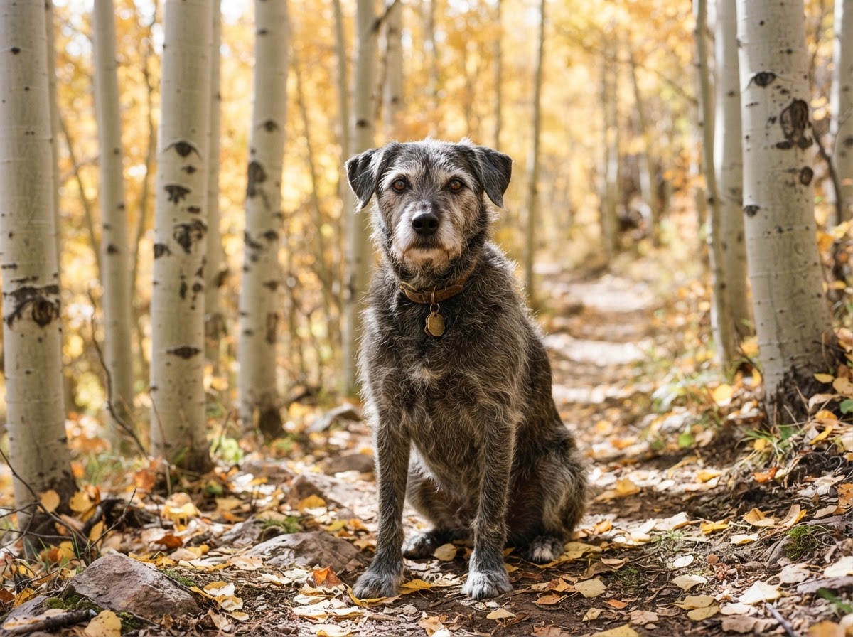 Senior charcoal and cream rescue dog sitting on an aspen-lined trail in Colorado