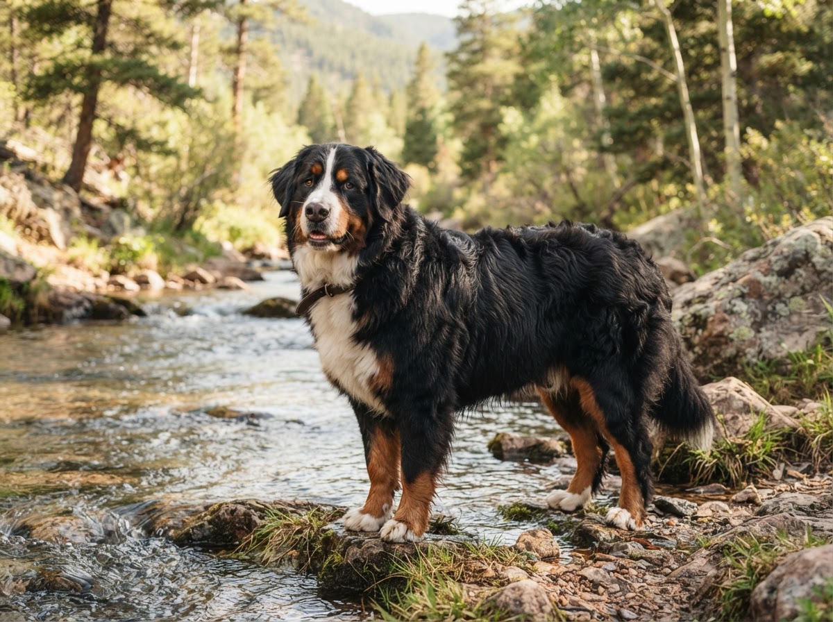 Fluffy tricolor Bernese mountain dog standing beside a clear Front Range creek