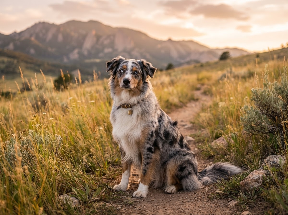 Blue merle Australian shepherd sitting in tall golden grass beneath Colorado foothills