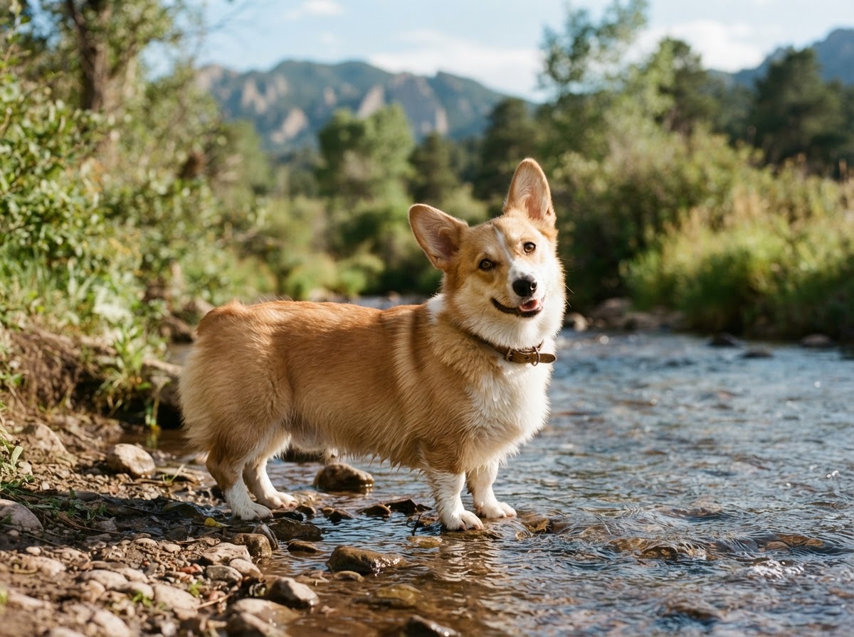 Tan and white Pembroke Welsh corgi standing on a shallow creek bank near Denver