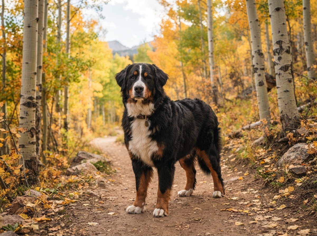 Fluffy Bernese mountain dog on an aspen-lined Colorado trail in early autumn