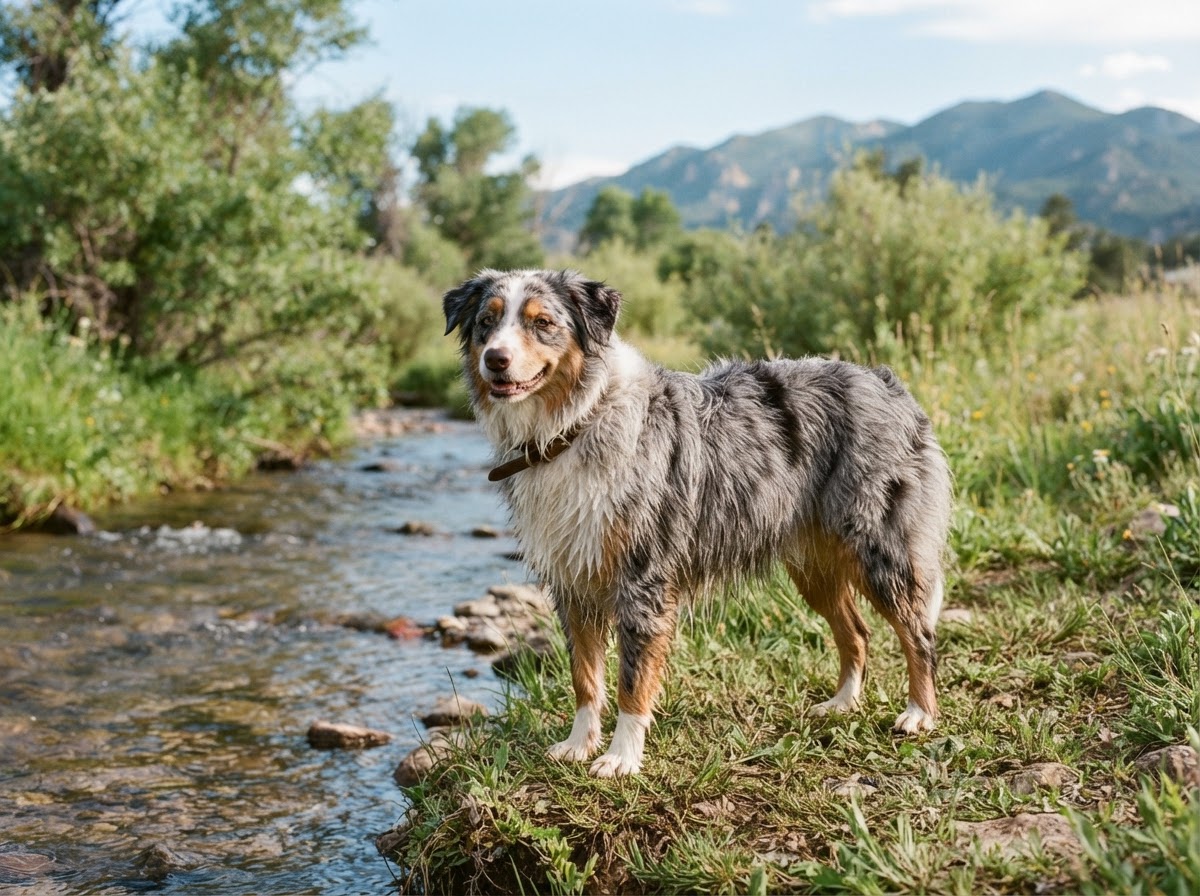 Blue merle Australian shepherd standing beside shallow water in a Front Range creek meadow