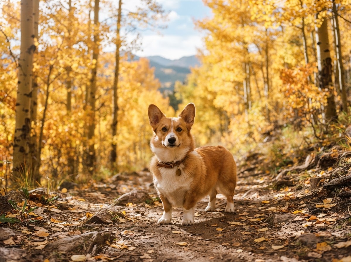 Tan and white Pembroke Welsh corgi on a trail below golden Colorado aspens