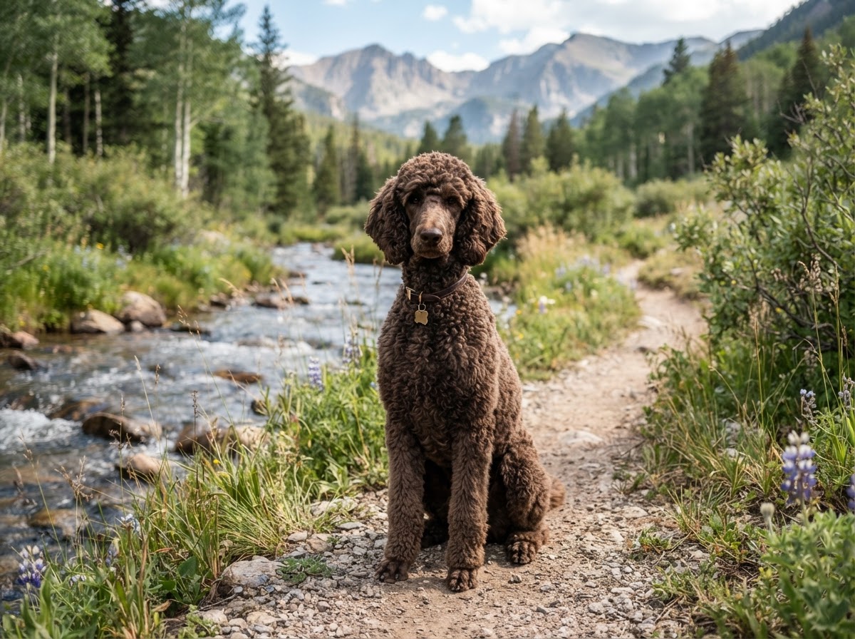 Chocolate standard poodle sitting calmly beside a Colorado creekside path