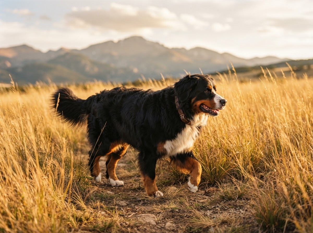Bernese mountain dog walking through golden Colorado foothills grass