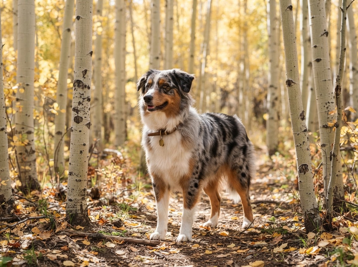 Blue merle Australian shepherd standing among pale aspen trunks in early fall