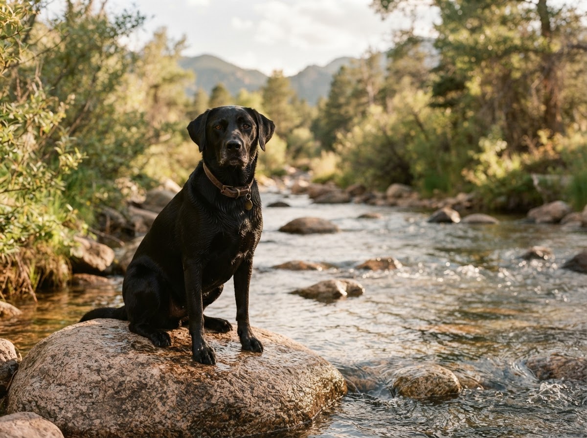 Black Labrador retriever seated on a smooth stone beside a clear Front Range creek