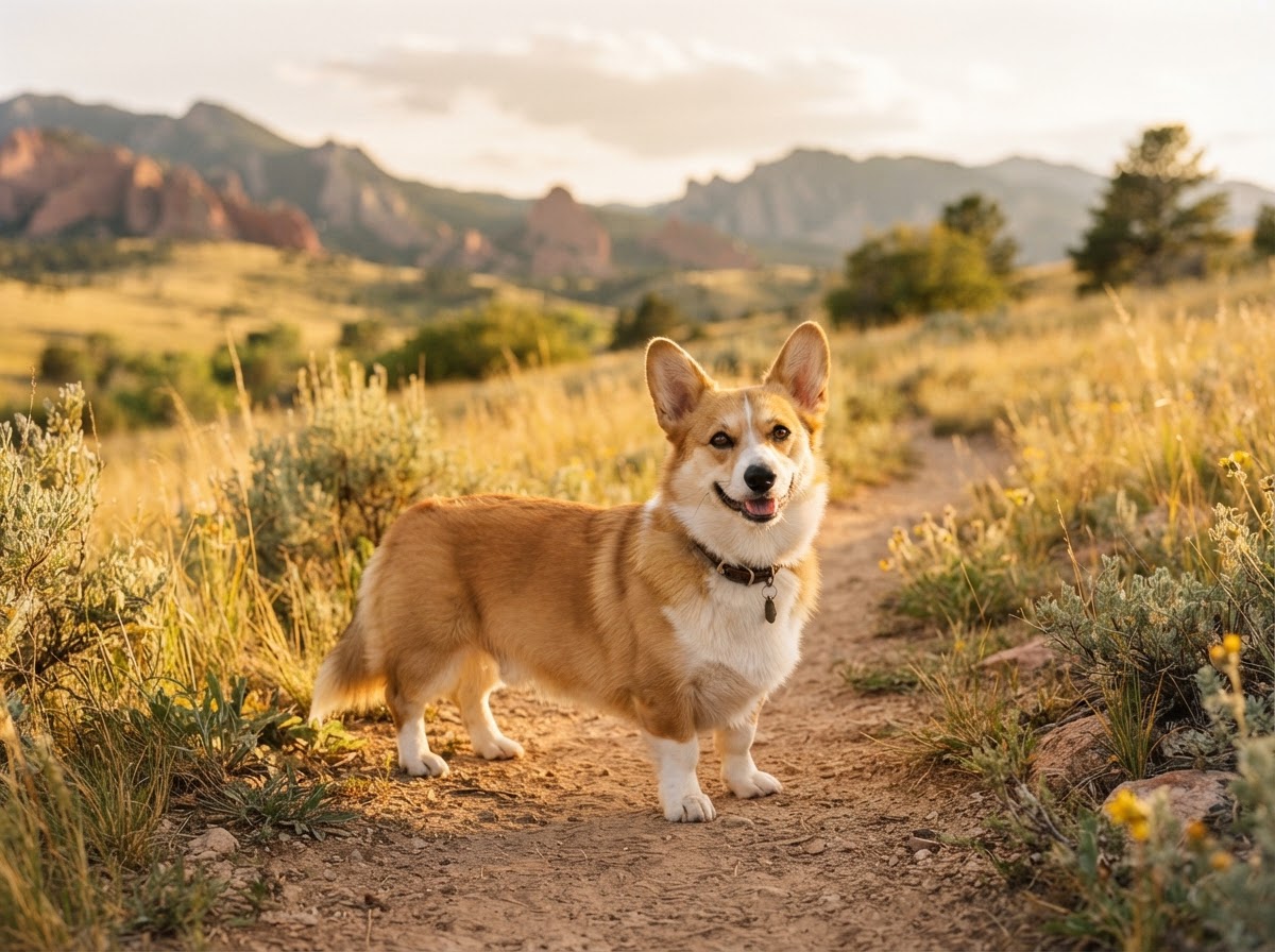 Tan and white corgi on a Colorado foothills trail edged with golden grass