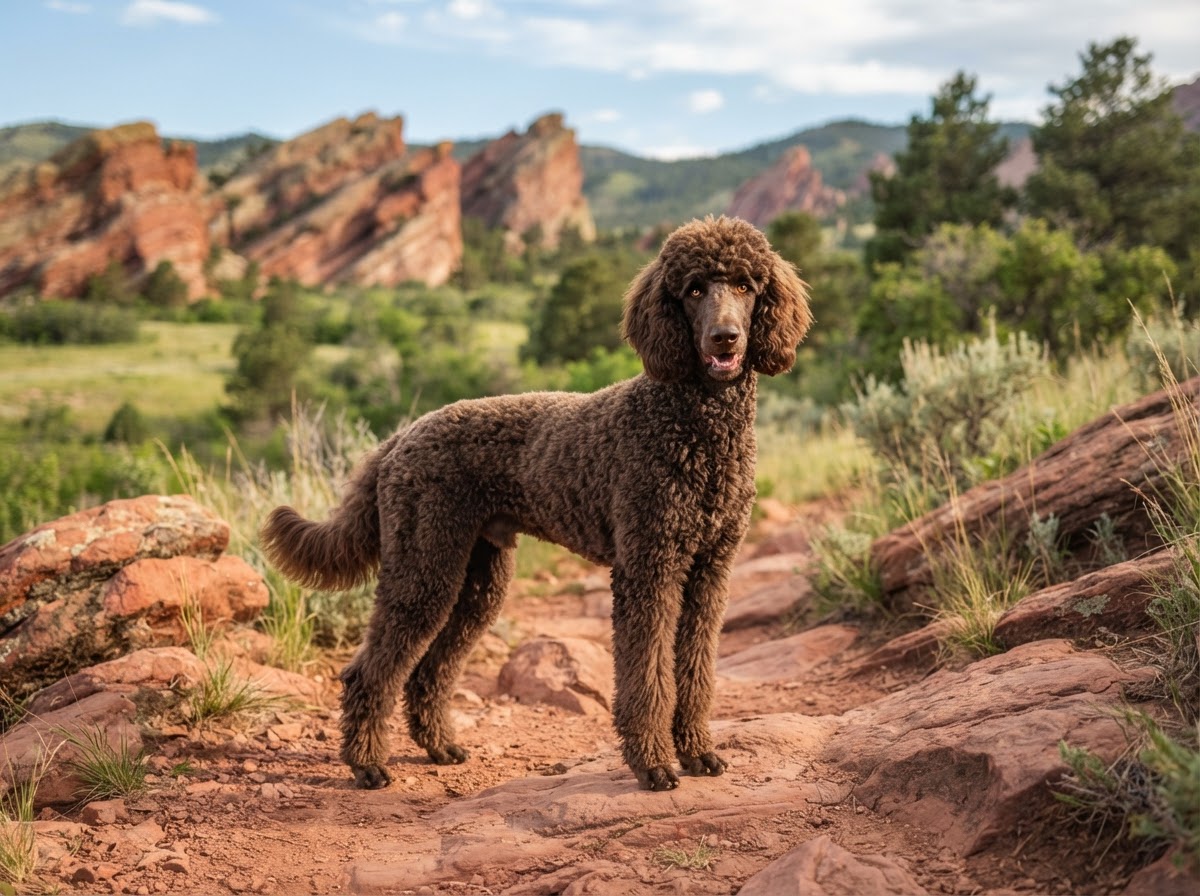 Chocolate standard poodle on a red sandstone trail near Morrison, Colorado