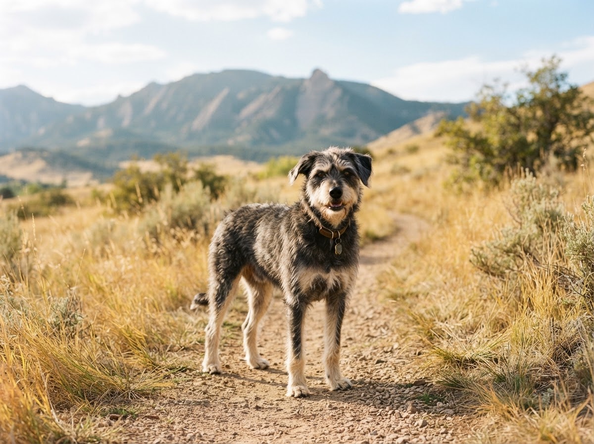 Charcoal and cream rescue dog standing in golden grass on a Front Range trail