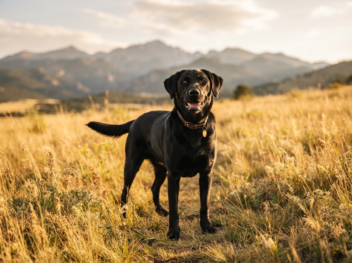 Black Labrador standing in bright golden grass on a Colorado foothills trail