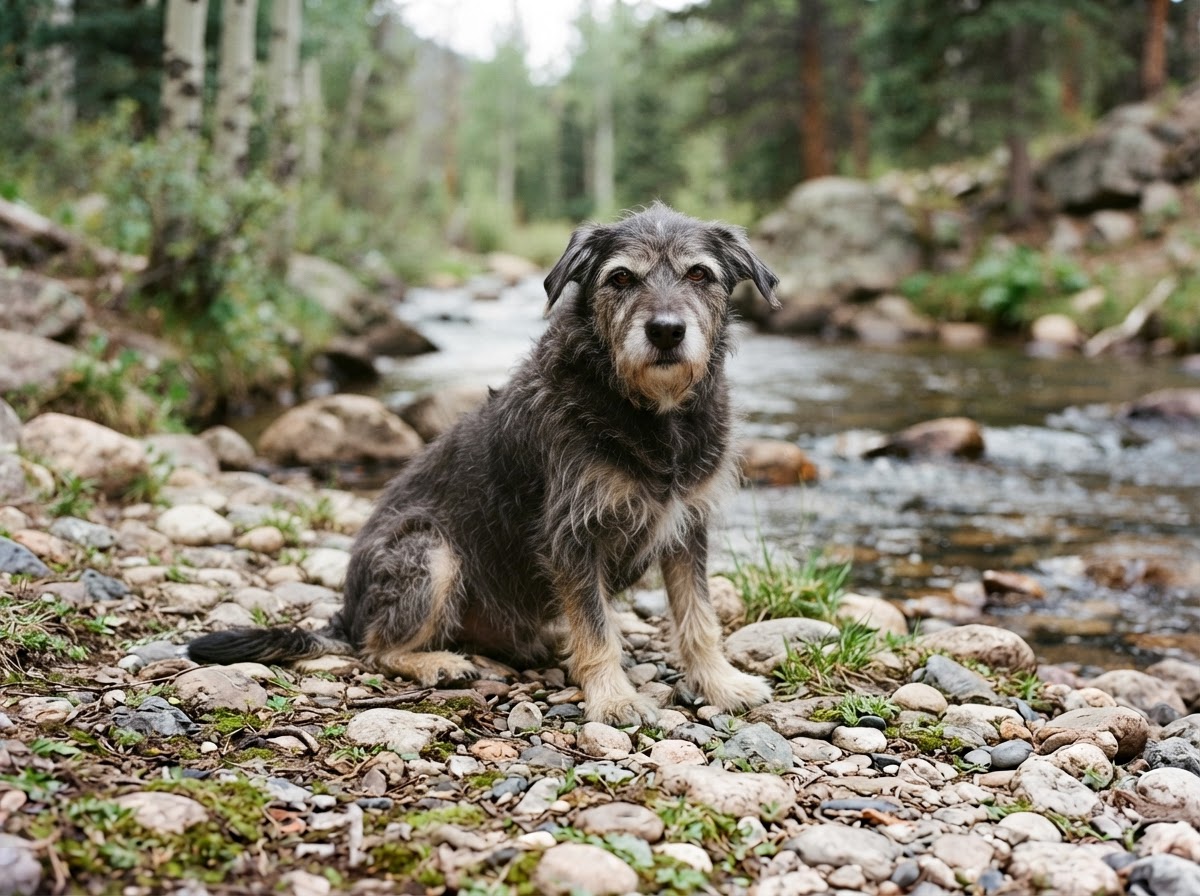 Charcoal and cream senior rescue dog resting beside a quiet Colorado creek