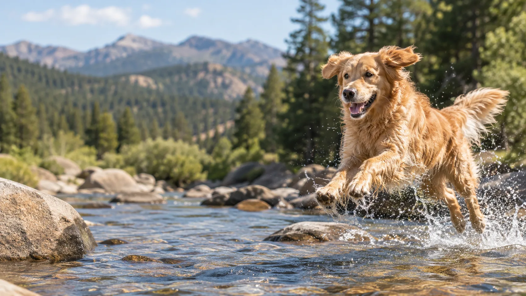Golden retriever leaping across a creek in the Colorado foothills