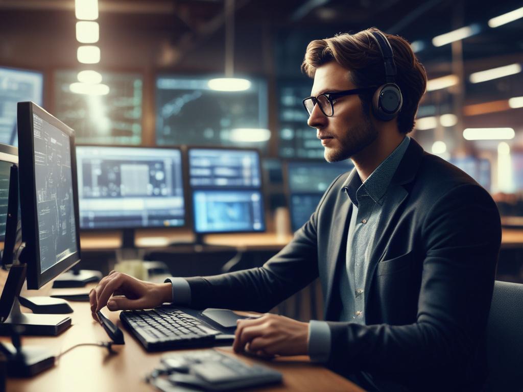 A close-up shot of a modern AI lab workspace. A focused and engaged data scientist is analyzing code on a laptop, surrounded by high-tech equipment and screens displaying AI algorithms. The background features a sleek, organized environment illuminated with natural light, emphasizing innovation and technology.