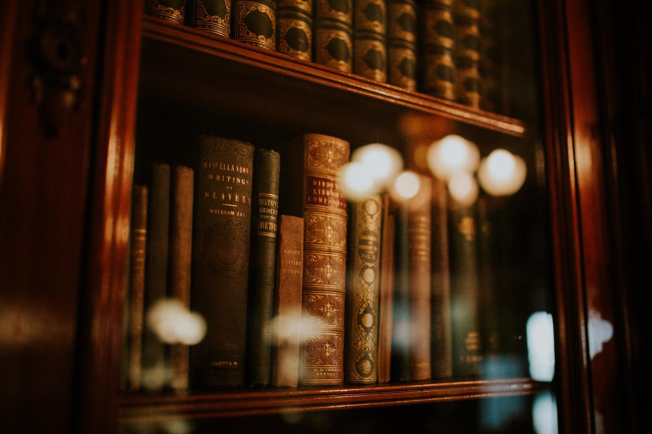 Book case of old books.