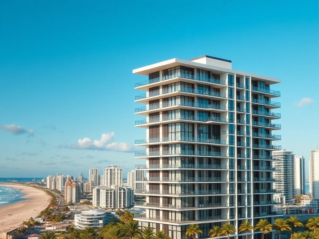 **AI Image Generation Prompt:**

Create a realistic high-resolution photograph that captures the essence of the Gold Coast's real estate market transformation, highlighting the surge in unit prices that have overtaken those in Sydney. 

**Composition:**
- The image should feature a modern coastal apartment building as the sole subject, reflecting the luxury and growth of the Gold Coast property market. 
- Position the building prominently in the center of the image to emphasize its significance in the housi