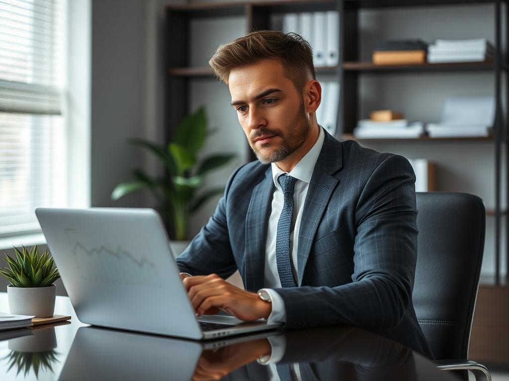 **AI Image Generation Prompt:**

Create a realistic high-resolution photo featuring a single subject that encapsulates the essence of the Australian Prudential Regulation Authority (APRA) introducing its first-ever debt-to-income limits for mortgages. The main subject should be a confident and professional-looking financial advisor sitting at a modern desk, analyzing various graphs and figures on a laptop screen. 

The advisor should be of Australian descent, dressed in business attire, reflecting a sense o