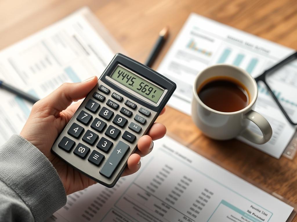 A close-up shot of a hand holding a calculator with mortgage rates displayed on the screen, surrounded by financial documents and a cup of coffee on a wooden desk. The background is softly blurred, creating a focus on the calculator and documents, conveying a sense of financial planning.