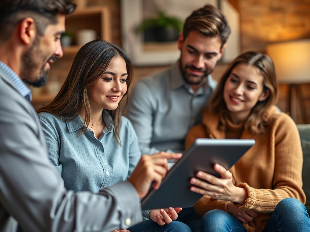 A close-up shot of a mortgage broker explaining documents to a young couple in a cozy office setting. The broker is pointing to a chart on a tablet while the couple looks engaged and attentive, with a warm and inviting background. The focus is on the interaction and clarity of communication.