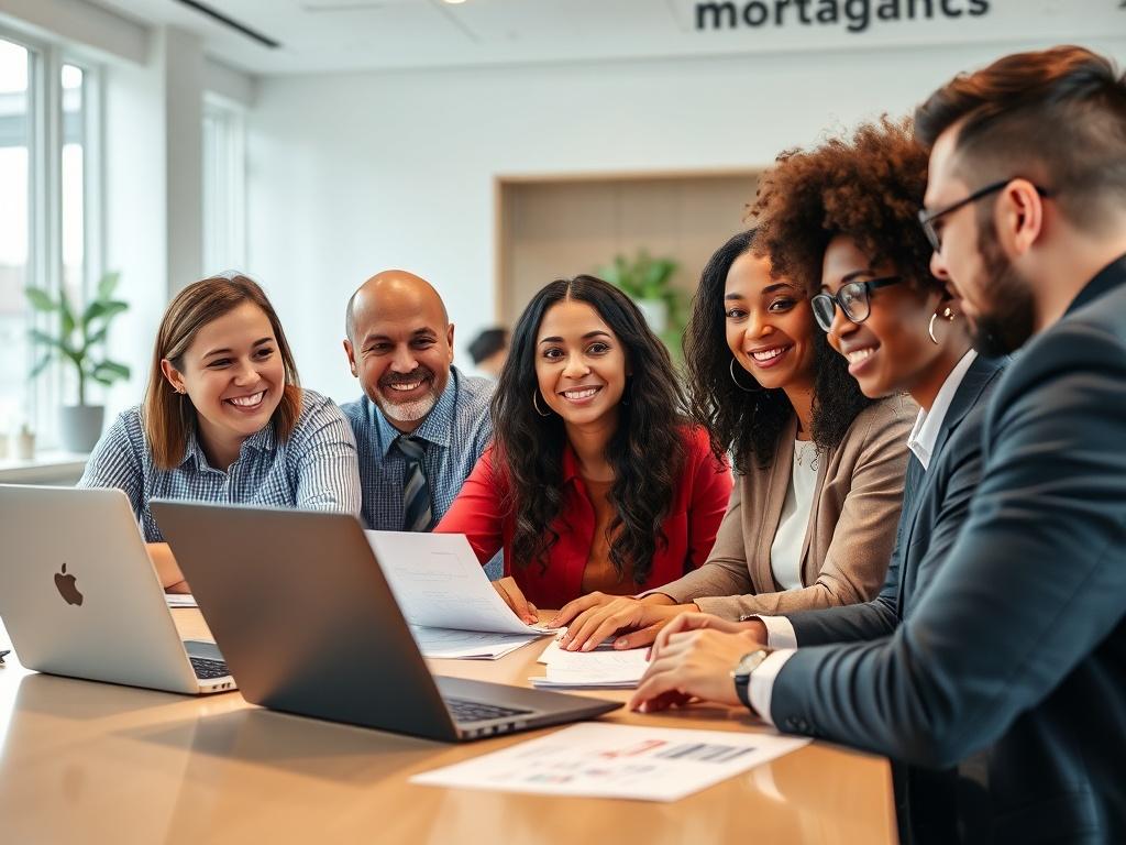A close-up shot of a diverse group of people sitting at a modern table, discussing mortgage options. The setting is bright and professional, with financial documents and a laptop open in front of them. Focus on facial expressions showing engagement and collaboration, with a warm, inviting atmosphere.