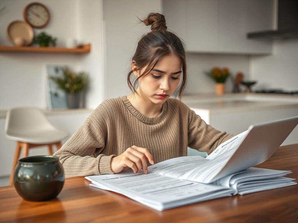 **Prompt for AI Image Generation:** 

Create a highly detailed, realistic high-resolution photo that captures the theme of "Hidden spending habits derailing home loan applications." The composition should feature a young Australian individual, a young woman in her late 20s or early 30s, seated at a modern dining table. She should appear contemplative and slightly worried, thoughtfully analyzing her bank statements and a mortgage application form spread out in front of her. 

The subject should be dressed ca