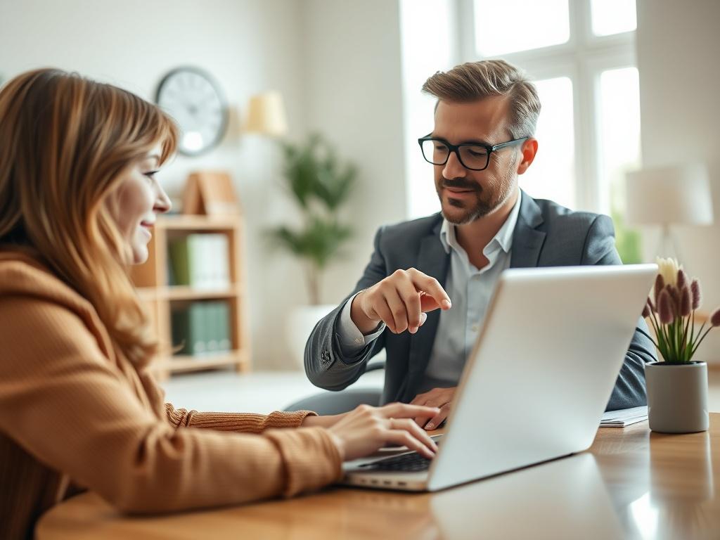 A close-up shot of a mortgage broker explaining mortgage options to a client using a laptop in a bright, well-decorated office. The atmosphere should convey professionalism and warmth, with the broker pointing at graphs or figures on the laptop screen.