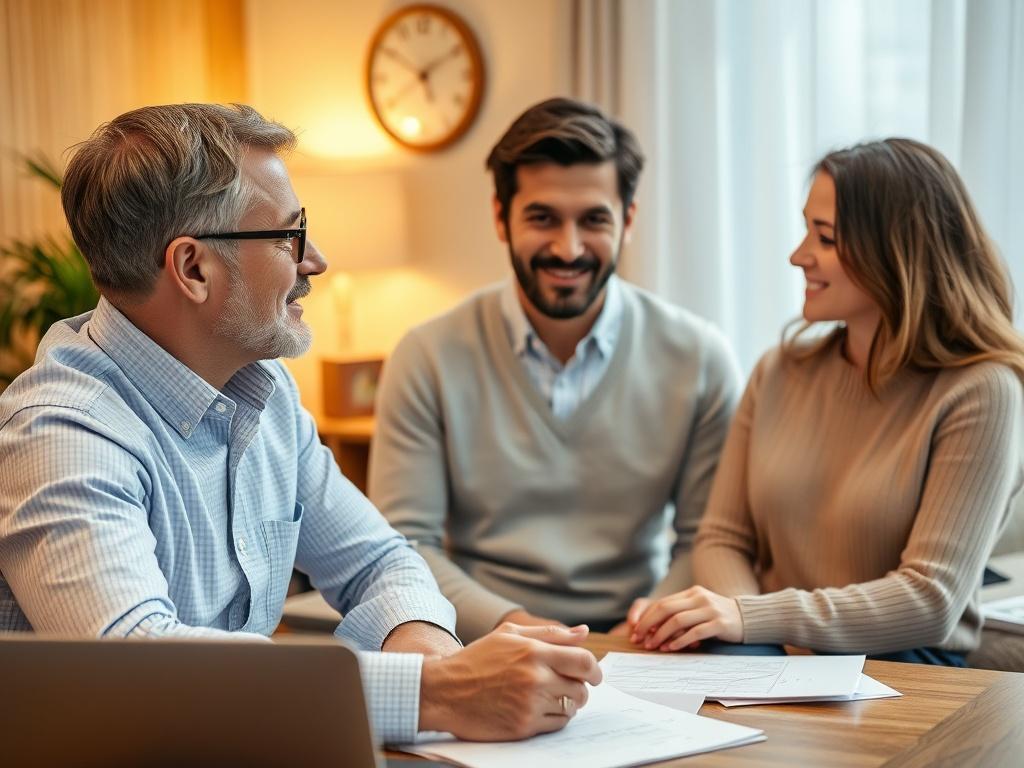 A close-up shot of a mortgage broker discussing tailored mortgage options with a couple in a cozy office setting. The background should be warm and inviting, featuring a desk with financial documents, a laptop, and a plant, while the couple appears engaged and attentive.