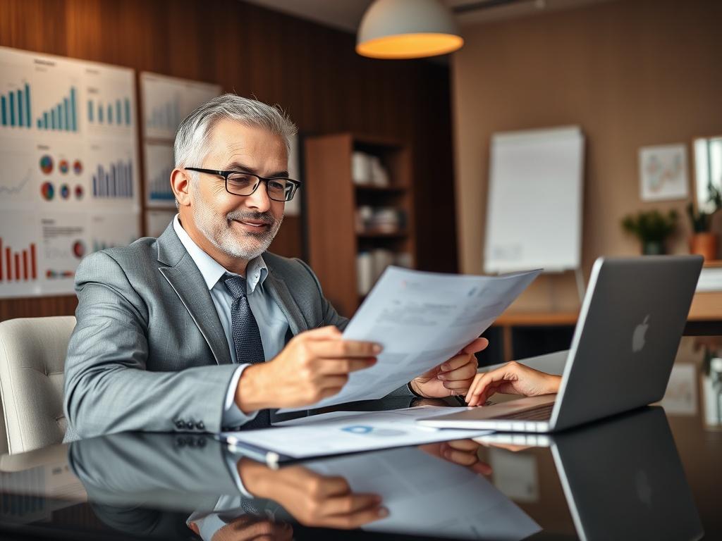 A close-up shot of a professional financial advisor sitting at a sleek, modern desk, reviewing documents and discussing with a client. The advisor, a middle-aged Caucasian male, is wearing a tailored suit and has a confident smile. The background showcases a well-organized office with financial charts and a laptop, creating a warm and inviting atmosphere. The color scheme of the office complements the primary color #062767.