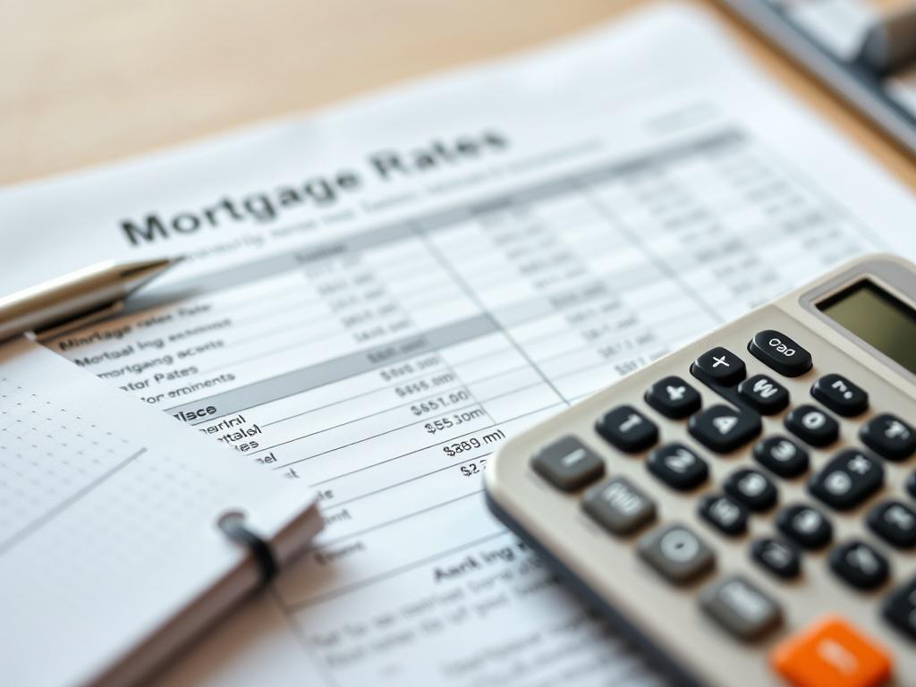 A close-up shot of a financial document showcasing mortgage rates, with a calculator and a notepad in the foreground. The setting should be bright and organized, highlighting the importance of financial planning.