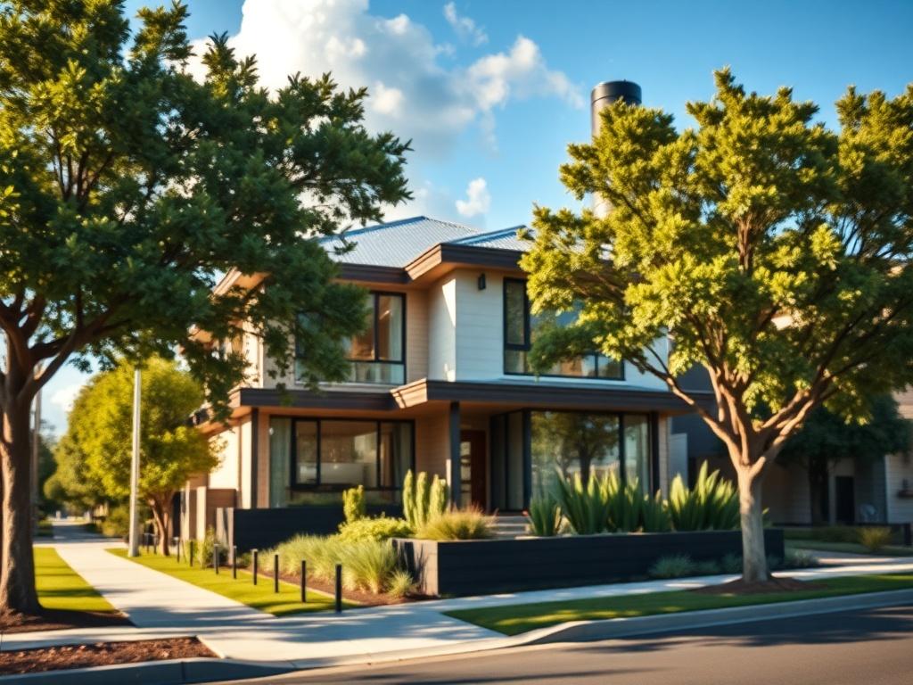 **AI Image Generation Prompt:**

Create a realistic high-resolution photograph featuring a single subject: a contemporary Australian home in a vibrant urban setting. The composition should be simple and clear, focusing solely on the house to capture its modern architectural design, showcasing large windows and a manicured front garden. Ensure the house is set on a tree-lined street, with hints of the city skyline in the background, representing the urban capital city aesthetic.

The background should includ