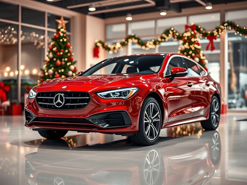 **AI Image Generation Prompt:**

Create a highly realistic, high-resolution photograph that captures the essence of the holiday season and the excitement of buying a new car. The composition should focus on a sleek, new car prominently displayed in an inviting dealership setting, showcasing vibrant holiday decorations in the background. 

The subject of the image should be the car—radiant and polished, reflecting the allure of a fresh purchase. Use a close-up shot that emphasizes the car's distinctive featu