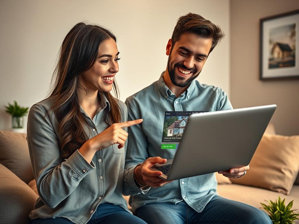 **AI Image Generation Prompt:**
Create a highly realistic, high-resolution photograph of a young couple excitedly discussing their future home in a cozy, well-lit living room. The couple should be the sole focus of the image, with their expressions conveying optimism and determination. The male partner, wearing a casual button-up shirt, holds an open laptop displaying a house listing, while the female partner, dressed in a smart casual outfit, points enthusiastically at the screen. Their body language shou