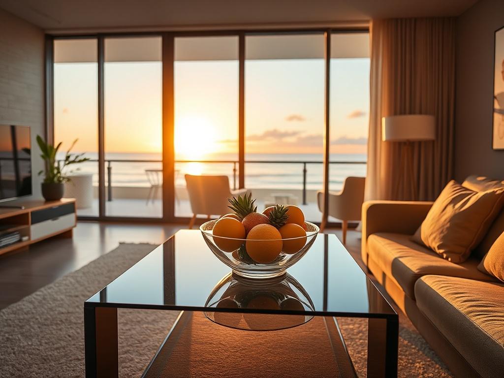 **AI Image Generation Prompt:**

Create a realistic high-resolution photograph of a cozy, modern apartment on the Gold Coast, showcasing its stylish living room. The composition should be simple and clear, featuring one primary subject: a beautifully designed coffee table with a bowl of fresh tropical fruits, symbolizing the vibrant lifestyle of the Gold Coast. 

In the background, include large windows that offer a stunning view of the beach and the ocean, capturing the essence of this desirable location. 