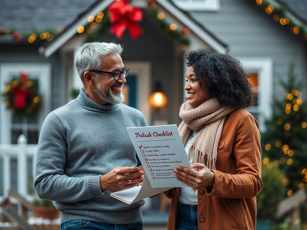 Create a realistic high-resolution photo that captures the essence of "What to consider when buying a home during the holidays." 

**Composition:**
- The image should feature a single subject: a cheerful couple standing outside a charming house, deeply engaged in a conversation while holding a holiday-themed checklist. 
- Position the couple at the center of the frame, with the house slightly blurred in the background to emphasize their discussion.
- Use a shallow depth of field to create a soft bokeh effec