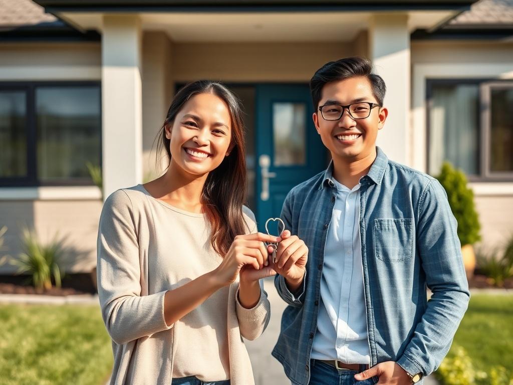 **AI Image Generation Prompt:**

Create a highly realistic high-resolution photo that captures the essence of the newly launched Help to Buy scheme in Australia. The composition should focus on a single subject: a smiling young couple holding keys in front of a new home, symbolizing their achievement of homeownership through the program. 

The couple should represent diversity, with one partner being Caucasian and the other being of Asian descent. They should be dressed in casual yet professional attire, ex