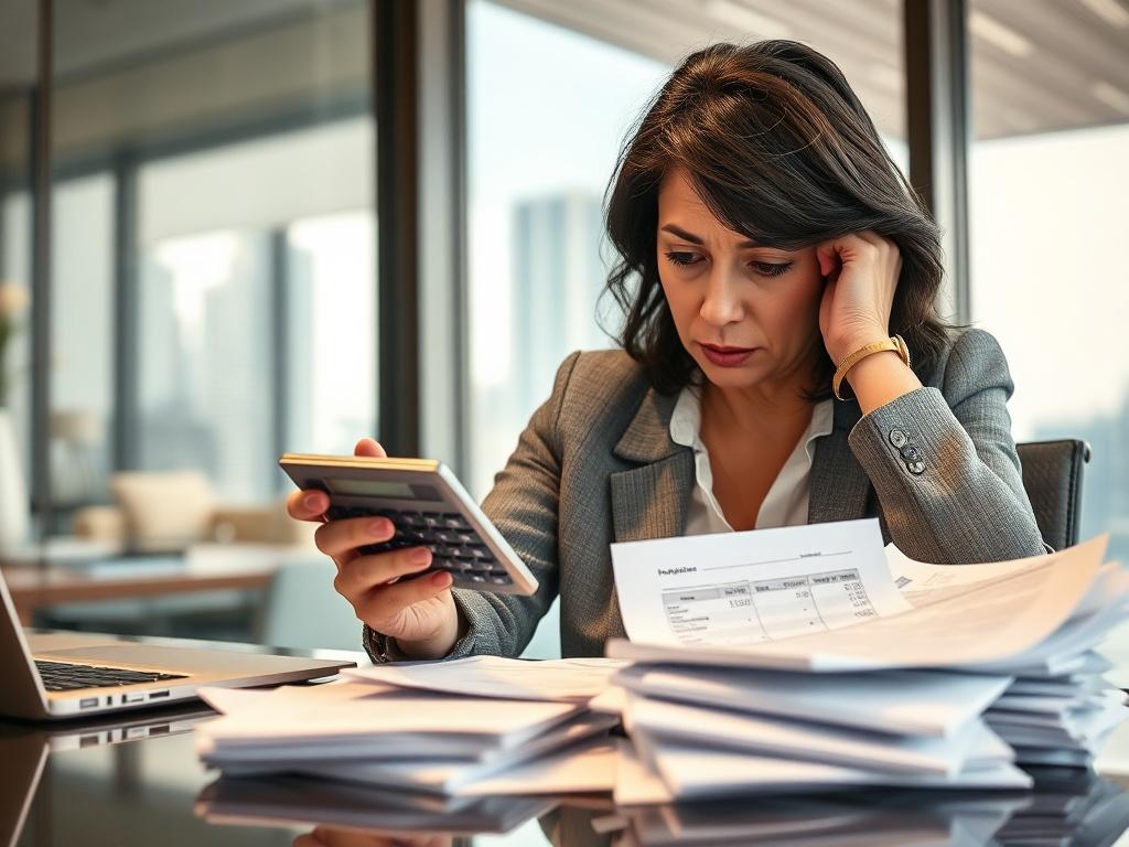 **AI Image Generation Prompt:**

Create a realistic, high-resolution photo that illustrates a pivotal moment in managing business cash flow. The image should feature a business owner, a middle-aged woman with dark hair, seated at a desk in a modern office space. She is visibly stressed, holding a calculator in one hand and a stack of unpaid invoices in the other. 

The composition should focus solely on her, highlighting her contemplation over financial documents spread across the desk. The background shoul