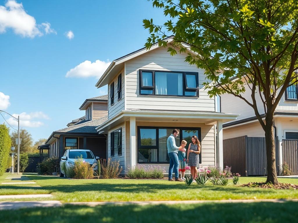 **AI Image Generation Prompt:**

Create a realistic high-resolution photo depicting a serene suburban street scene in Australia, reflecting the current housing market trends as outlined. 

**Composition Details:**
- Focus on a single modern family home at the center of the image, showcasing a well-kept yard with manicured grass and blooming flowers, symbolizing growth and stability.
- The house should have a contemporary design, featuring large windows, a fresh coat of paint, and a welcoming front porch, re