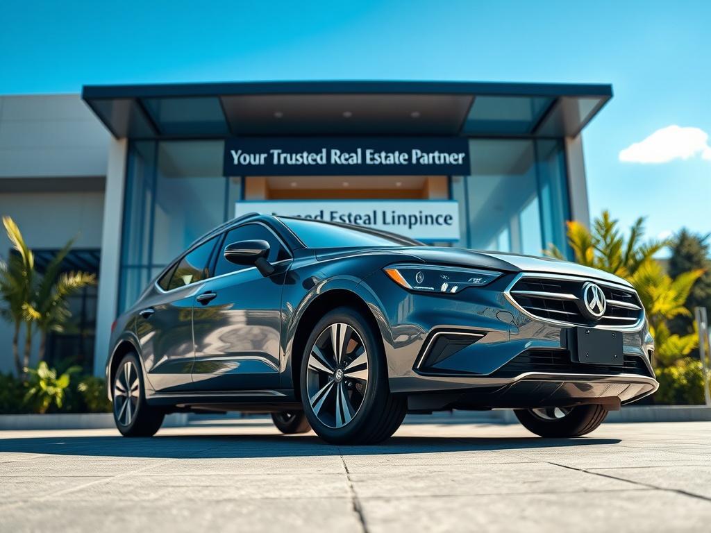 **AI Image Generation Prompt:**

Create a realistic high-resolution photo featuring a sleek, modern car parked in front of a stylish real estate office. The composition should be simple and clear, focusing solely on the car as the main subject. The car should be a mid-sized sedan or a compact SUV, symbolizing practicality and professionalism for a real estate agent. 

In the background, include an elegant glass-front real estate office with a welcoming entrance, showcasing a banner or sign that reads “Your 