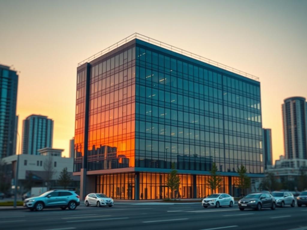 **AI Image Generation Prompt:**

Create a hyper-realistic high-resolution photograph centered on a solitary, modern Australian commercial property building, specifically showcasing a sleek, multi-story office complex. The building should reflect contemporary architectural design, with large glass windows that mirror the surrounding environment, emphasizing investor confidence and the revitalization of the commercial property market. 

The composition should be clean and straightforward, focusing solely on t