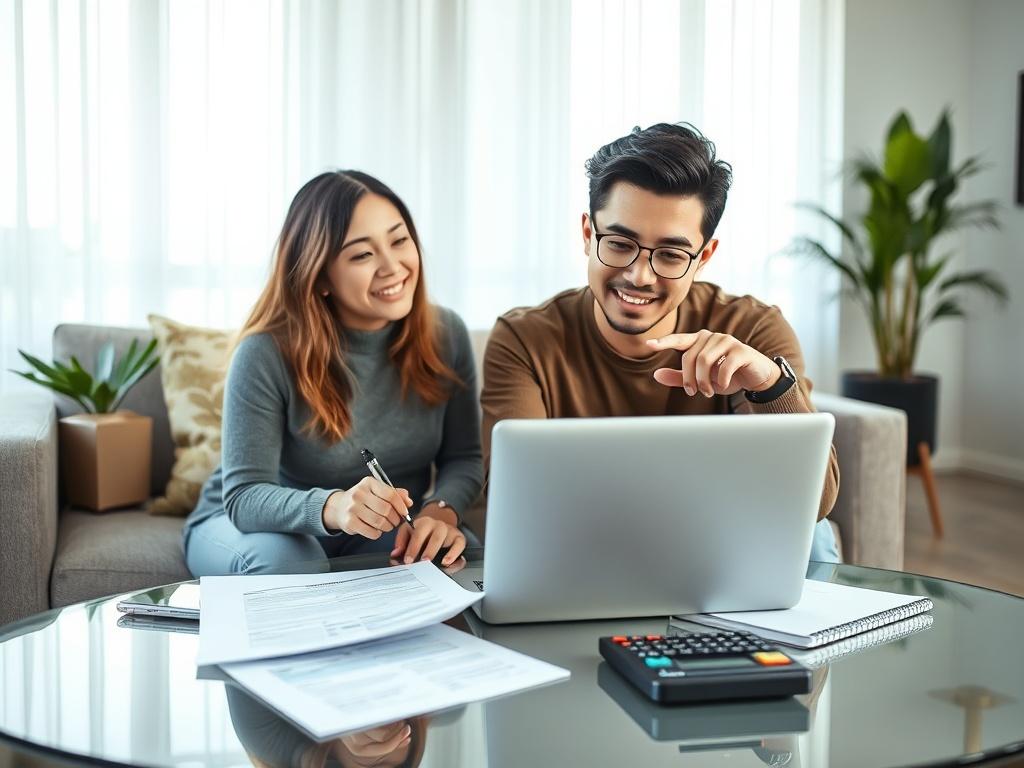 **Prompt for AI Image Generation:**

Create a realistic high-resolution photo depicting a focused young couple in a modern, well-lit living room as they actively engage in planning for their first home purchase. The couple, a diverse pair (one partner is Caucasian and the other is Asian), should appear optimistic and motivated, with documents, a laptop, and a calculator spread out on a stylish coffee table in front of them. The woman is taking notes, while the man is pointing at the laptop screen, highlight