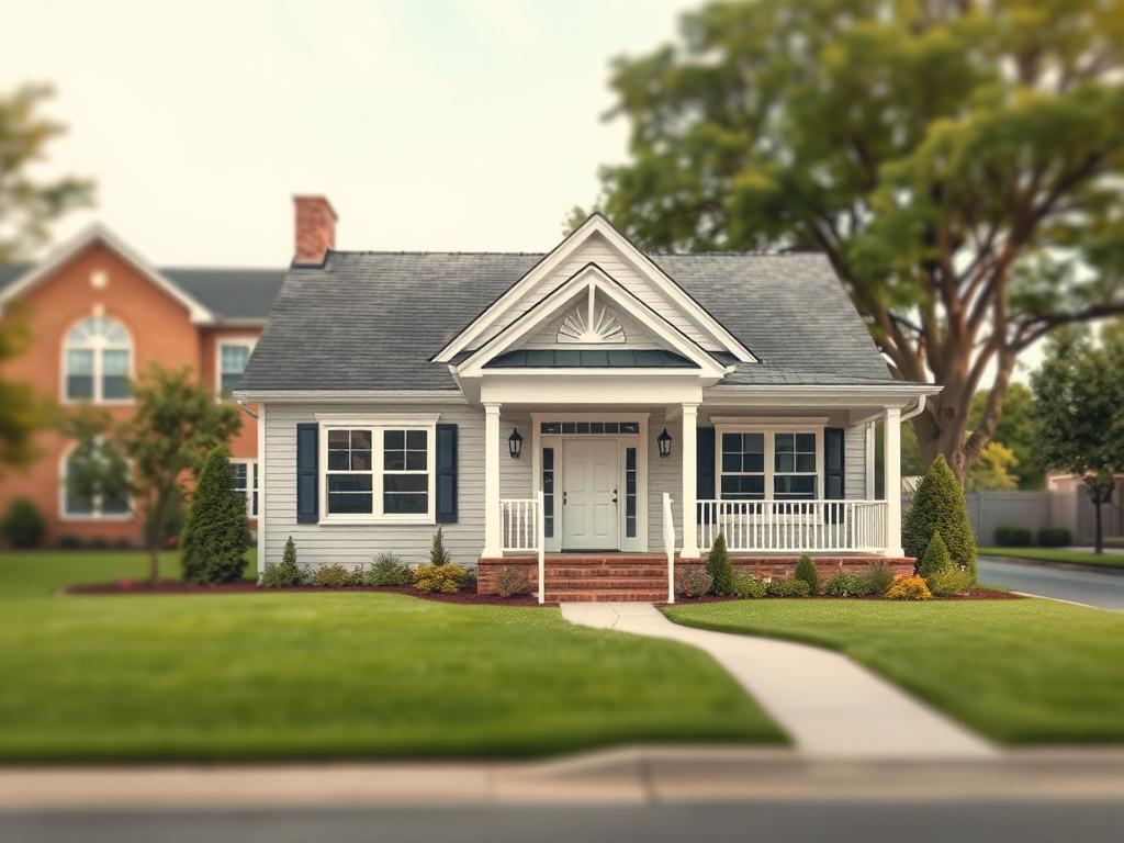 **AI Image Generation Prompt:**
Create a realistic, high-resolution photo that captures a single, modern family home located within a prestigious school zone. The house should be the sole subject of the image, showcasing its desirable architectural features, manicured lawn, and inviting front porch, emphasizing the appeal of living in a top-performing school district. 
The photo should be shot in hyper-realistic style, mimicking a close-up shot with a 45mm f/1.2 lens, ensuring that the home stands out aga