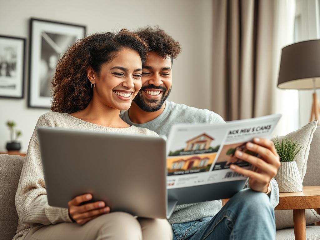 **AI Image Generation Prompt:**

Create a hyper-realistic close-up photograph focusing on a young, diverse couple joyfully examining house listings on a laptop in their cozy living room. The couple should symbolize excitement and hope, showcasing emotional expressions as they discuss their future as first home buyers, embodying the empowered spirit reflected by the recent changes to the Home Guarantee Scheme in Australia.

The background should feature modern, tasteful elements that subtly suggest a welcomi