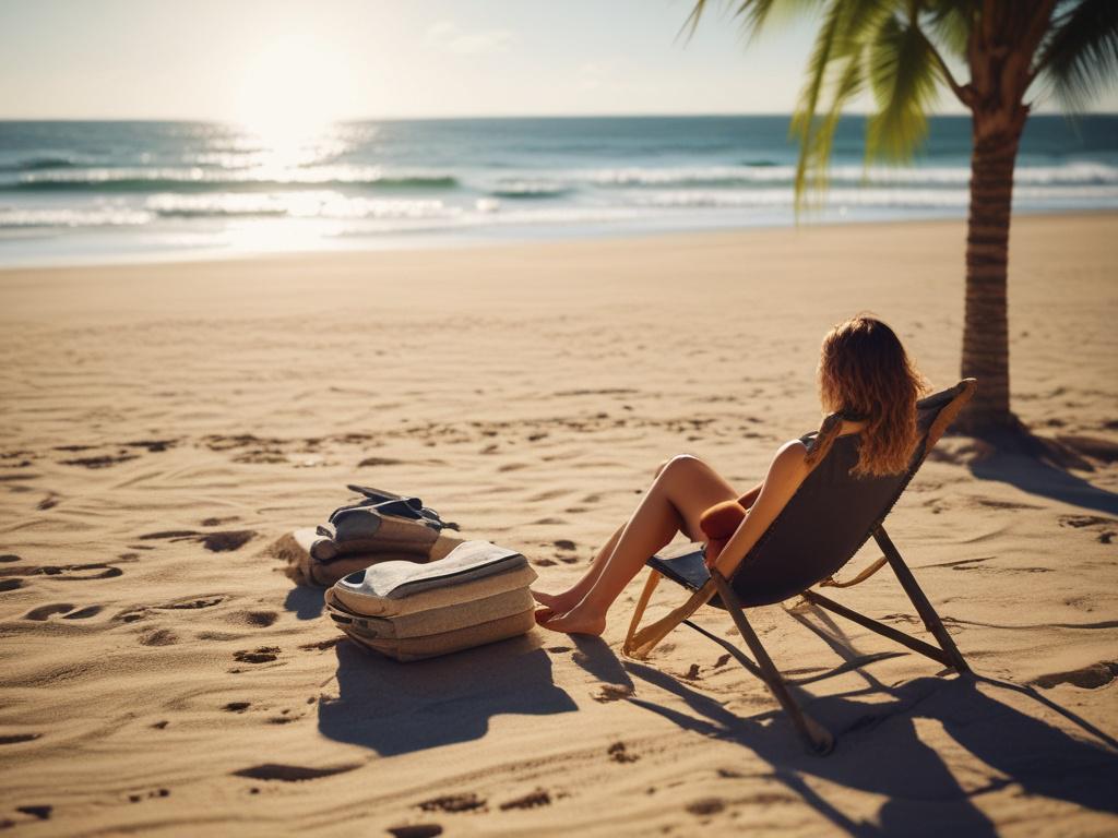 **AI Image Generation Prompt:**

Create a realistic high-resolution photo depicting a single, relaxed traveler lounging on a sun-drenched beach, representing the idea of planning an exciting holiday with a travel loan. The subject should be a middle-aged woman, casually dressed in a vibrant beach outfit, with sunglasses on, enjoying the moment while looking at her smartphone. She has a joyful expression, reflecting the freedom and excitement that comes with travel planning. 

The background should feature a