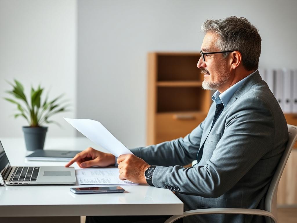 **AI Image Generation Prompt:**
Create a highly detailed and realistic high-resolution close-up photograph that visually represents the theme of refinancing in the context of mortgage brokerage. The image should feature a confident, professional mortgage broker sitting at a sleek, modern desk, actively engaged in a discussion with a client. The subject should be a middle-aged man wearing a business casual outfit, showcasing an approachable demeanor while pointing at documents and illustrating important poi