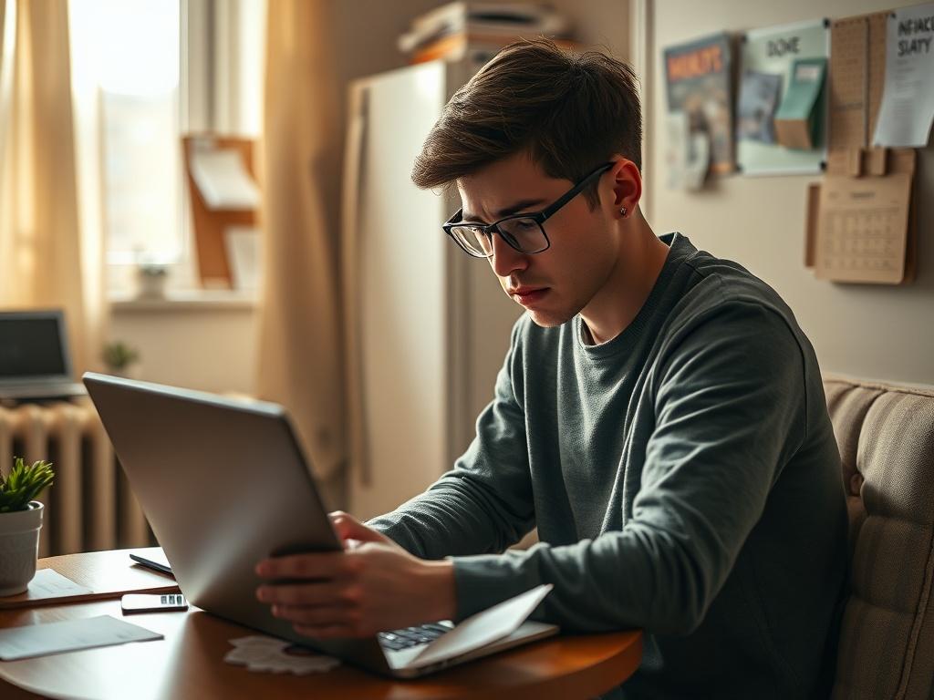 **AI Image Prompt:**

Create a realistic high-resolution photo depicting a stressed-out renter in a modest, well-lit apartment. The subject should be a young adult, sitting at a small table cluttered with bills and a laptop, visibly frustrated while reviewing rental listings on the screen. They should have a pensive expression, reflecting the pressure of the current rental market as they grapple with financial constraints amidst record-low vacancy rates. 

The background should consist of everyday household