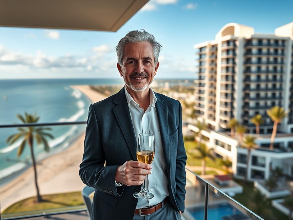 **Prompt for AI Image Generation:**

Create a realistic high-resolution photo that captures the essence of Australia's booming prestige apartment market, focusing on a sophisticated individual who symbolizes the rightsizing trend. The image should feature a stylish, high-net-worth individual in modern business attire, confidently standing on a balcony overlooking a breathtaking view of a luxury apartment complex in Southeast Queensland. 

The subject should be a middle-aged person, exuding an aura of succes