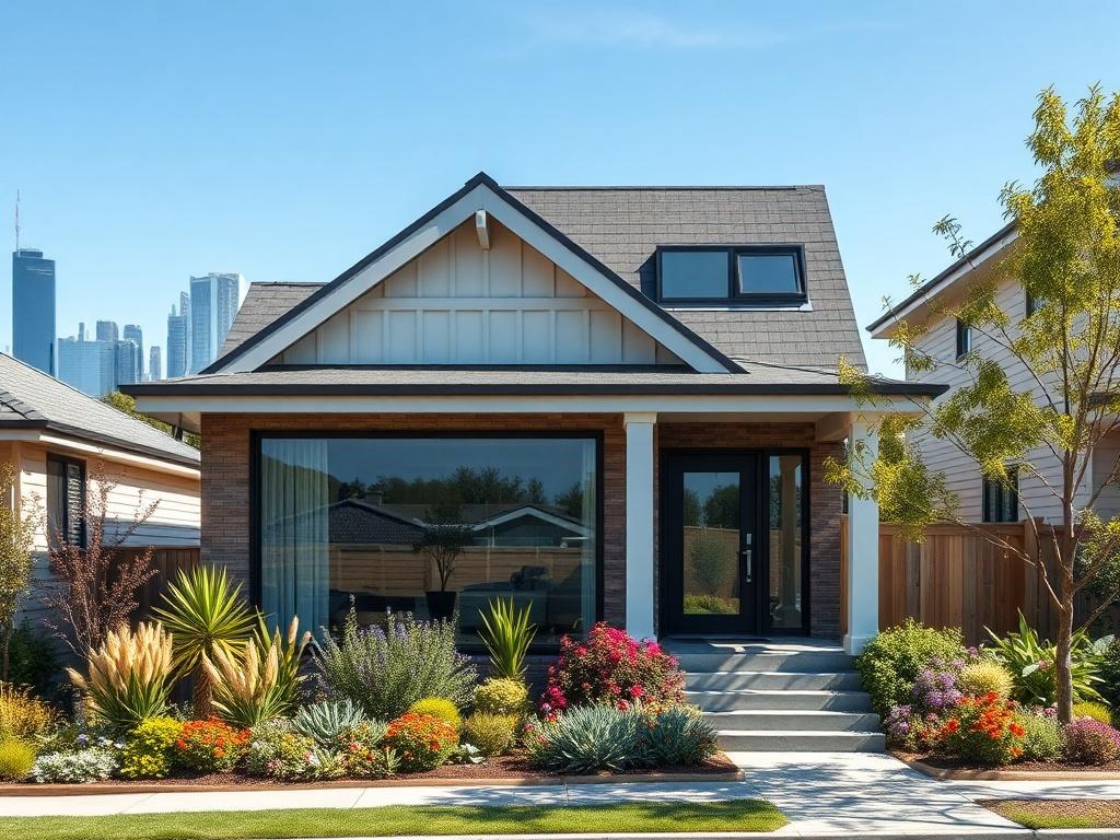 **AI Image Generation Prompt:**

Create a realistic high-resolution photograph of a modern single-family home in a thriving urban neighborhood, symbolizing the surge in Australia's capital city house prices. The house should be prominently positioned in the foreground, showcasing contemporary architectural design with a welcoming facade, large glass windows, and a beautifully landscaped front yard filled with vibrant greenery and flowers.

In the background, include a clear blue sky and a hint of distant ci